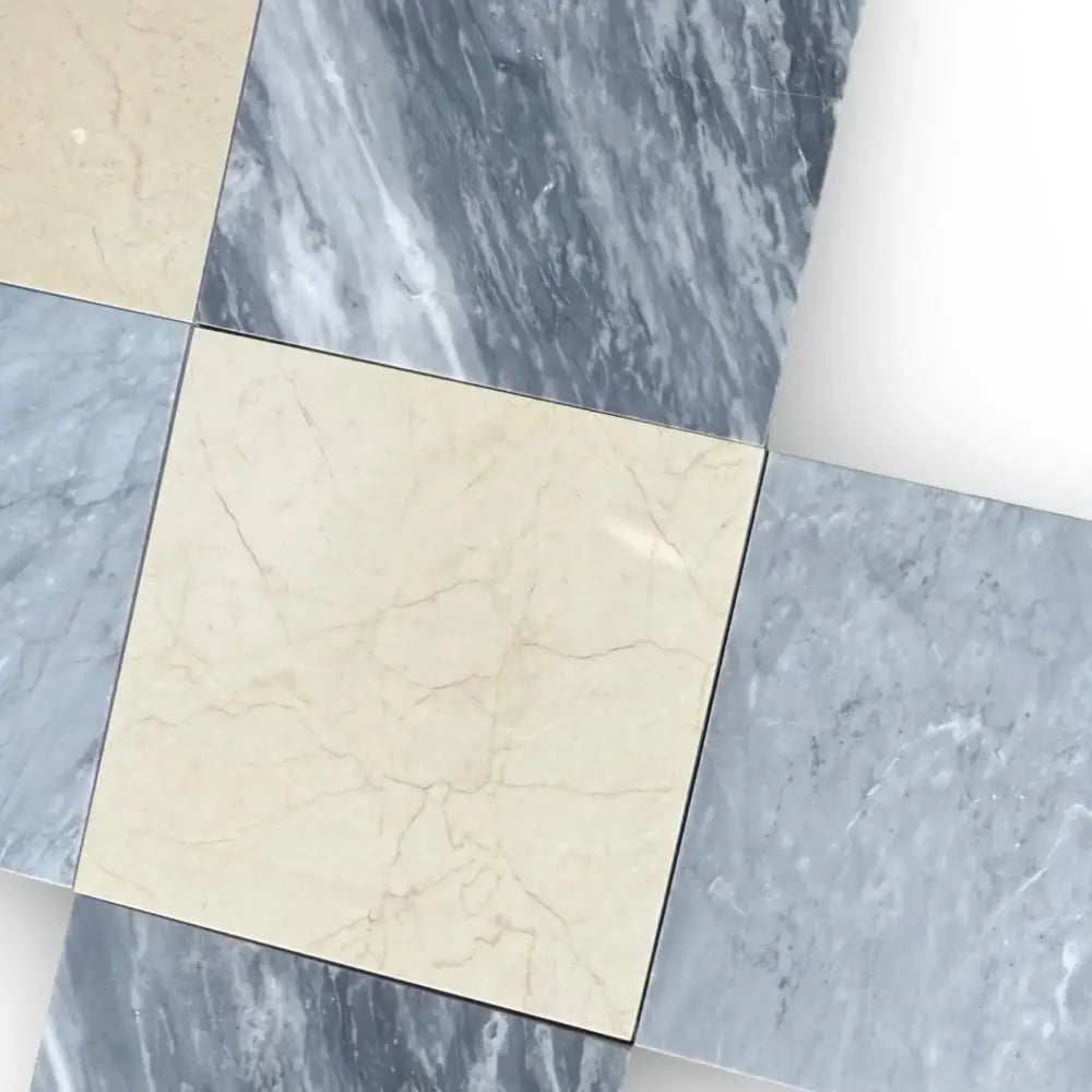 Checkerboard Bardiglio Prime and Crema Marfil Select marble tile samples 18x18 set