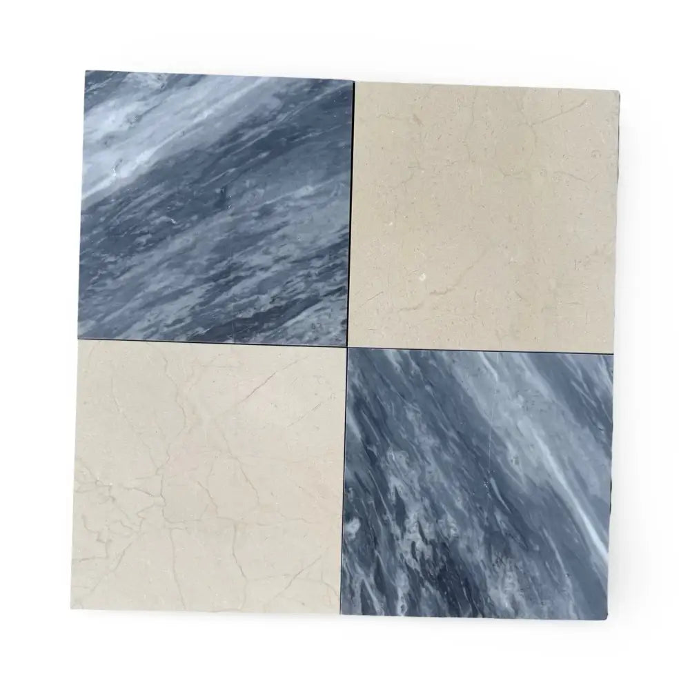 Four square stone tiles from Checkerboard Bardiglio Prime and Crema Marfil Set