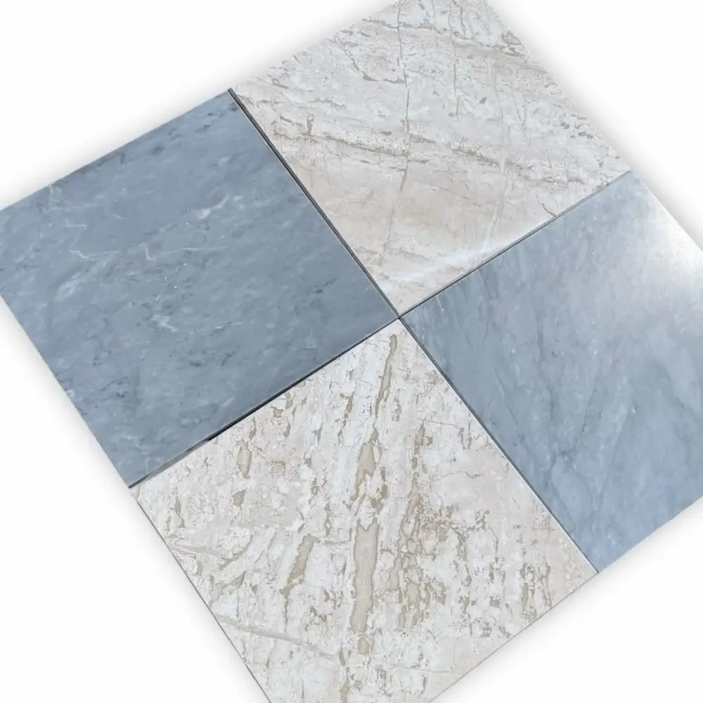 Four square marble tiles from the Checkerboard Bardiglio Prime and Diano Royal Marble 12X12 Set