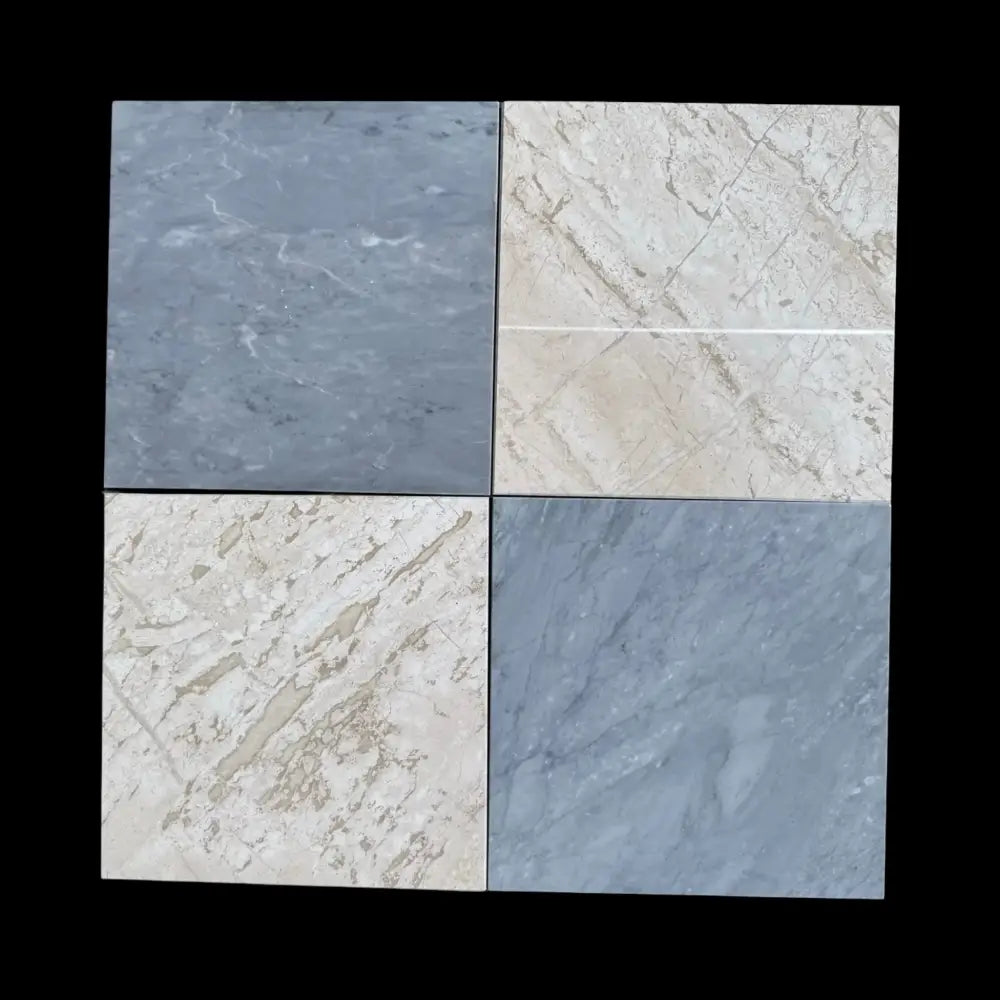 Four marble-patterned tiles from Checkerboard Bardiglio Prime and Diano Royal Marble set