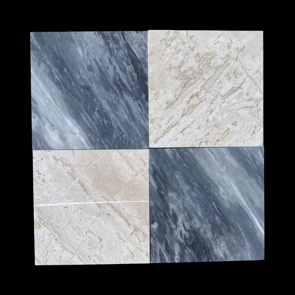 Four marble-patterned tiles from Checkerboard Bardiglio Prime and Diano Royal 12x12 set