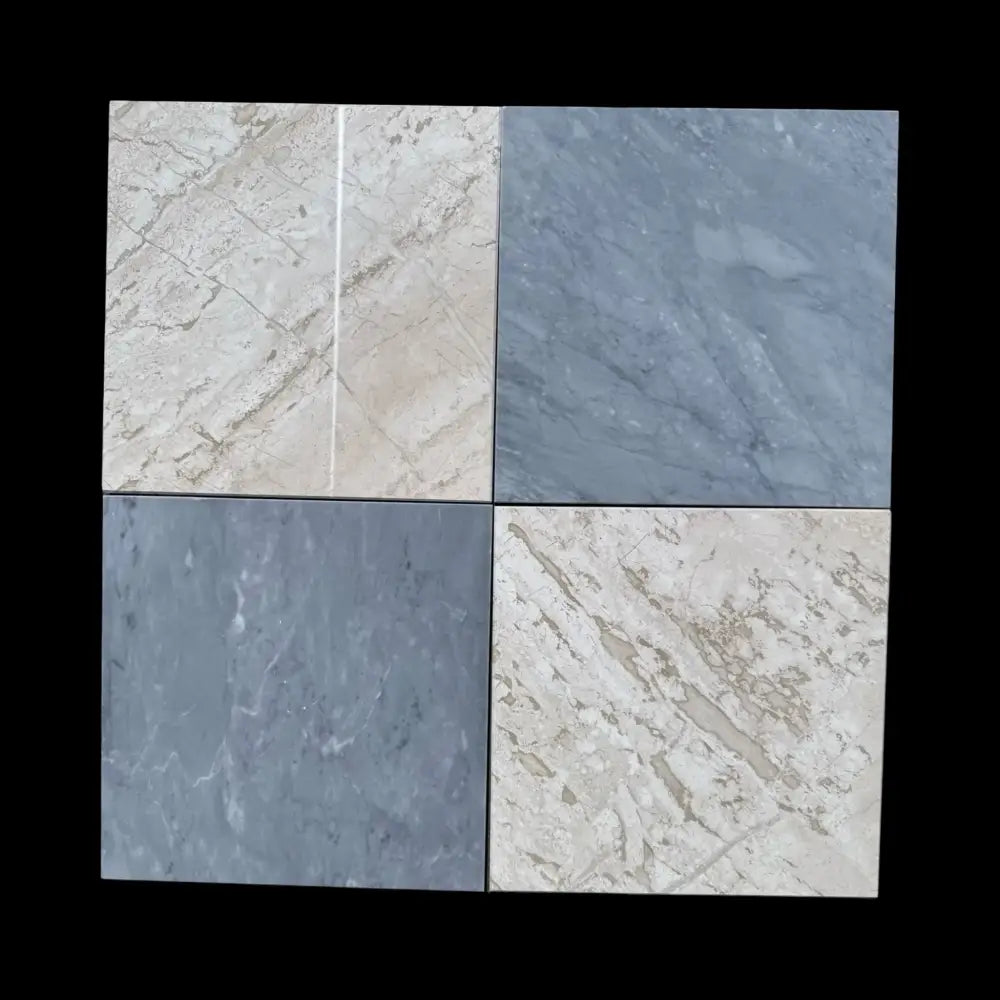 Four marble-patterned tiles from Checkerboard Bardiglio Prime and Diano Royal 12X12 Set