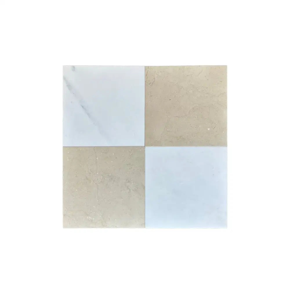 Four square tiles in alternating light and beige colors from Checkerboard Bardiglio Prime and Rojo Alicante Set