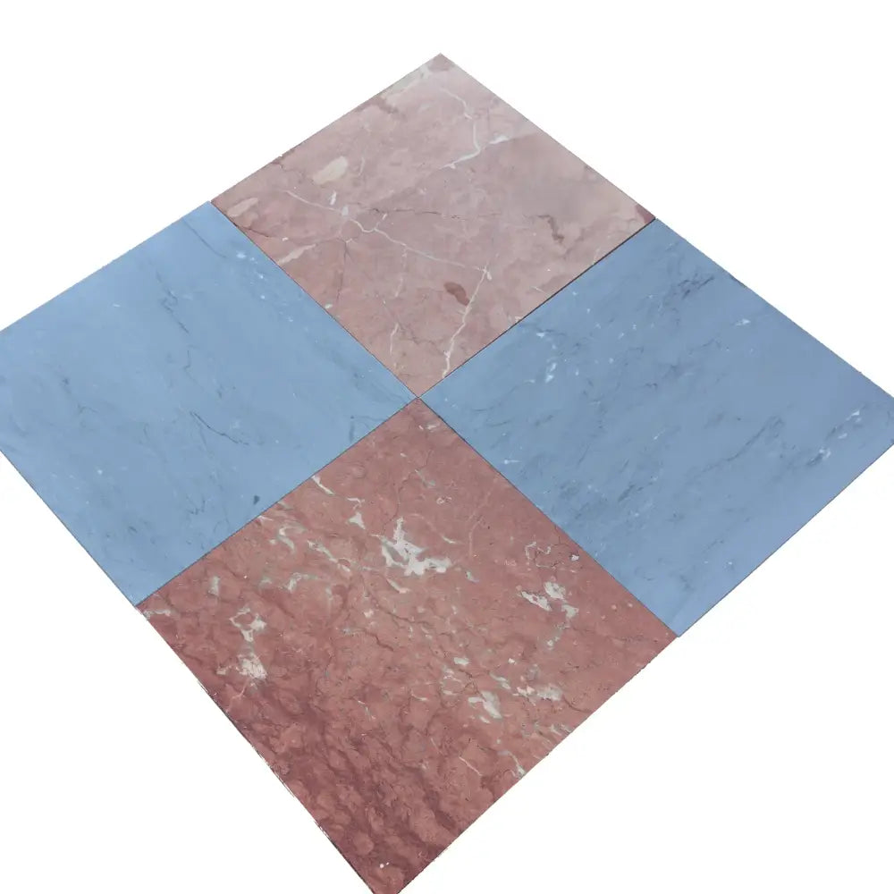 Four square marble tiles in Checkerboard Bardiglio Prime and Rojo Alicante Set