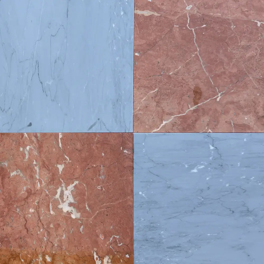 Four-panel marble tile pattern with Bardiglio Prime and Rojo Alicante Select 12x12 tiles