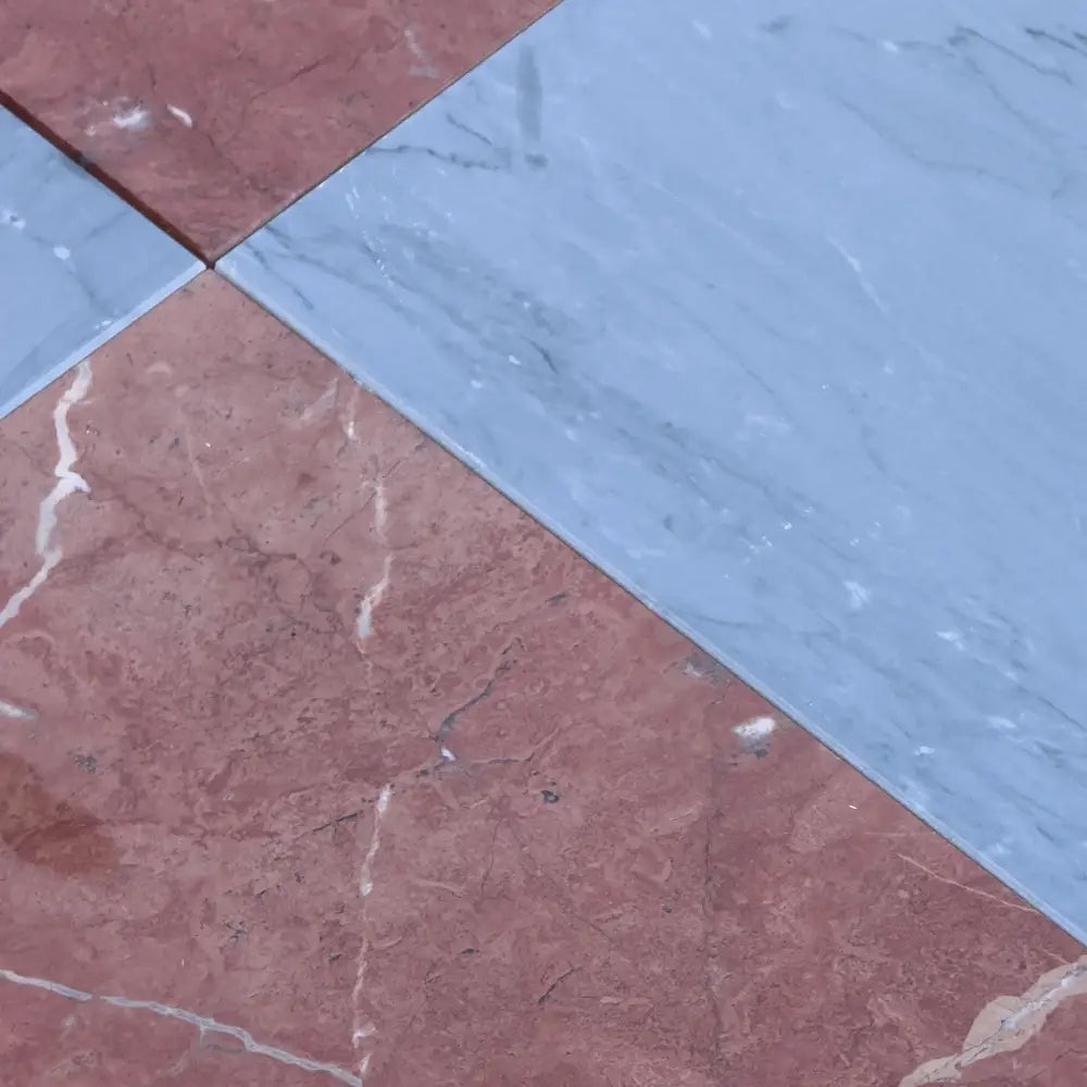 Red and blue marble tiles from Checkerboard Bardiglio Prime and Rojo Alicante Set