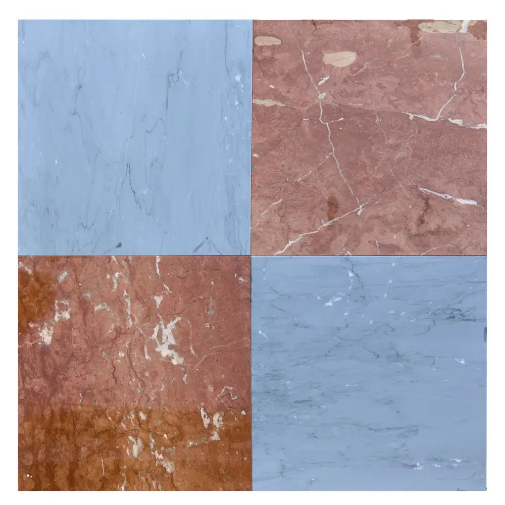 Four-paneled marble tile sample from Checkerboard Bardiglio Prime and Rojo Alicante Set
