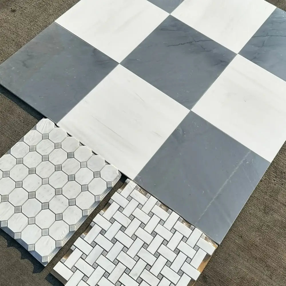 Assorted Tile Samples for Checkerboard Bardiglio Imperiale and Bianco Dolomite Marble Set