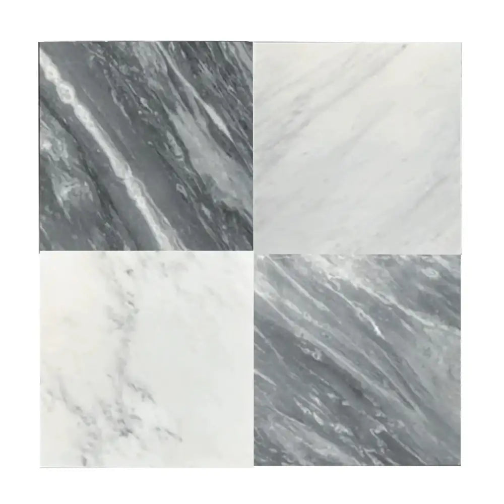 Four marble-patterned tiles from Checkerboard Bardiglio Prime and Aurora White Marble Set
