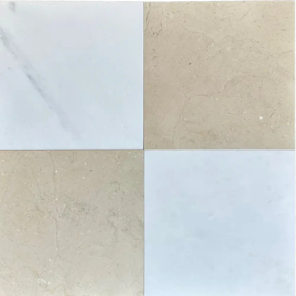Four square tiles from Checkerboard Bardiglio Prime Imperiale and Oriental White Aurora Marble Set