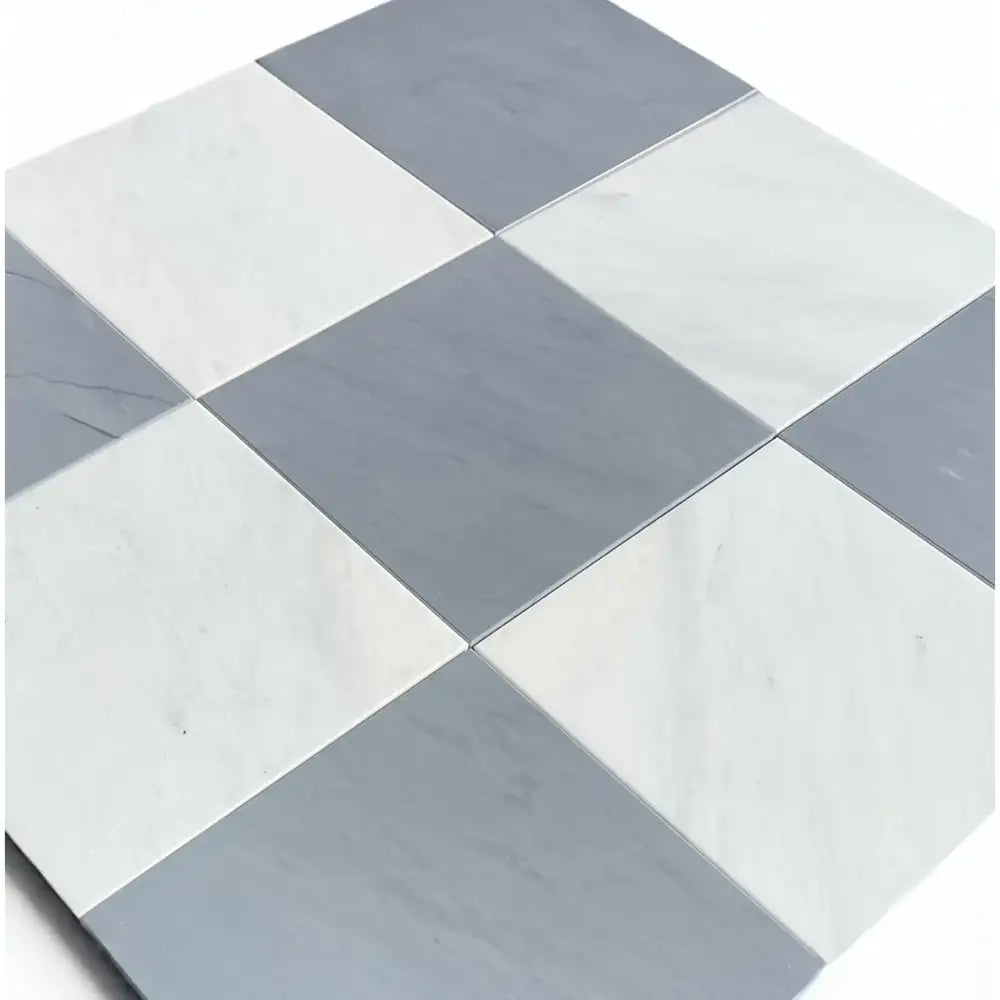 Gray and white checkered tiles from Checkerboard Bardiglio Prime Imperiale and Aurora White Marble Set