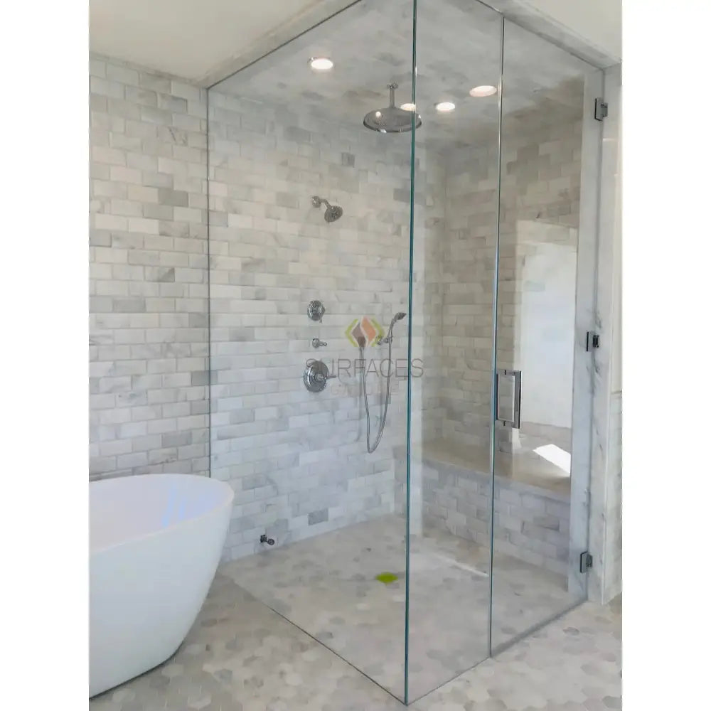 Glass-enclosed shower with elegant Marble Tile from Checkerboard Bardiglio Prime and Aurora White Set