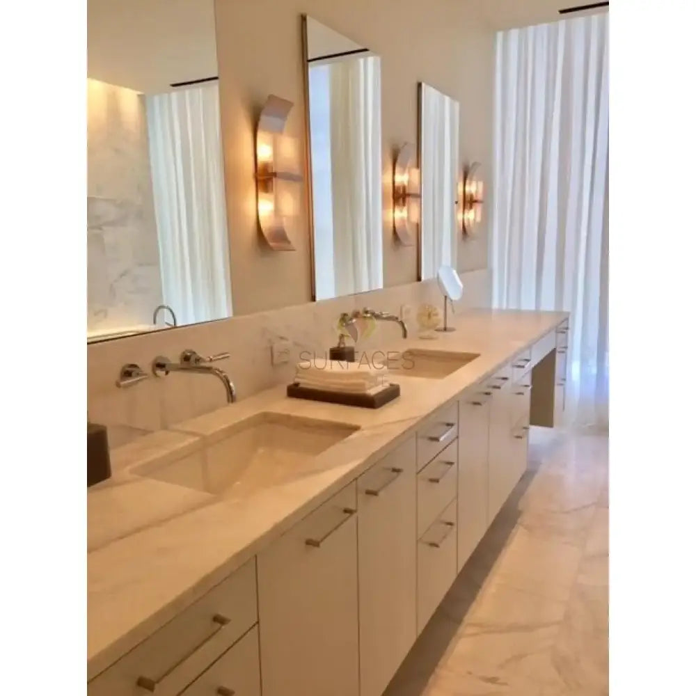 Bathroom vanity with double sinks featuring Checkerboard Bardiglio Prime and Oriental White Aurora White Marble