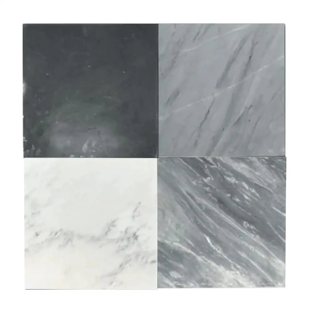Four square marble tiles from Checkerboard Bardiglio Prime Imperiale and Oriental White Aurora White Marble Set