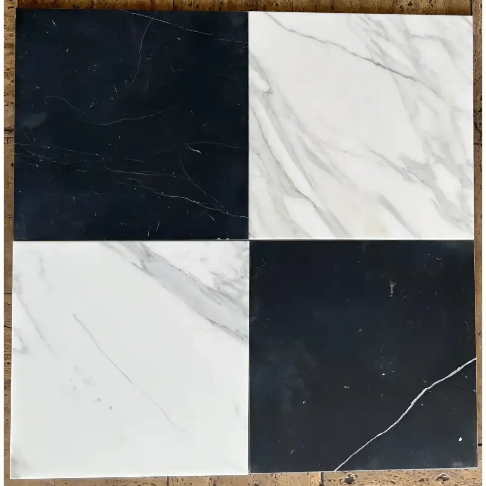 Four square marble tiles from Checkerboard Bardiglio Prime Imperiale and Oriental White Aurora White Marble Set