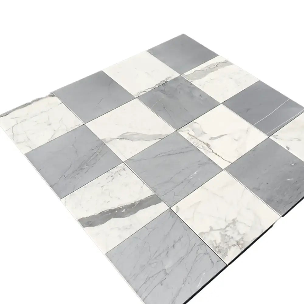 Checkerboard pattern of Gray Bardiglio Prime Imperiale and Statuario White marble tiles
