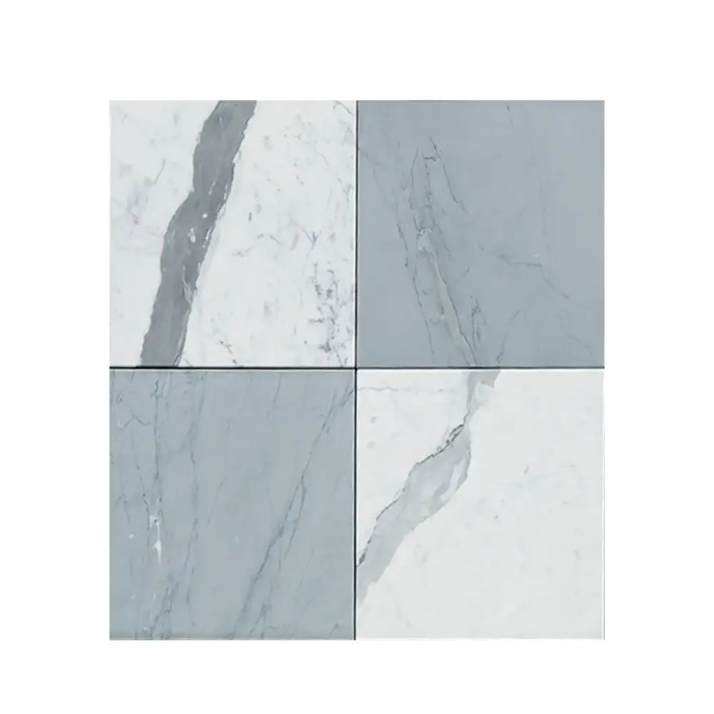 Four marble-patterned tiles from Checkerboard Bardiglio Prime Imperiale and Statuario White set