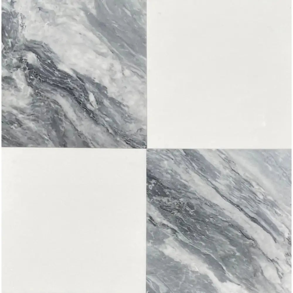Four-square tile pattern in Checkerboard Bardiglio Prime Imperiale and Statuario White 12X12 Set