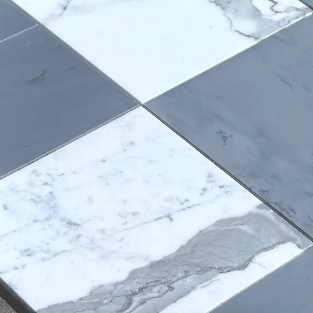 Alternating gray and marble-patterned tiles from Checkerboard Bardiglio Prime Imperiale and Statuary White 12x12 set