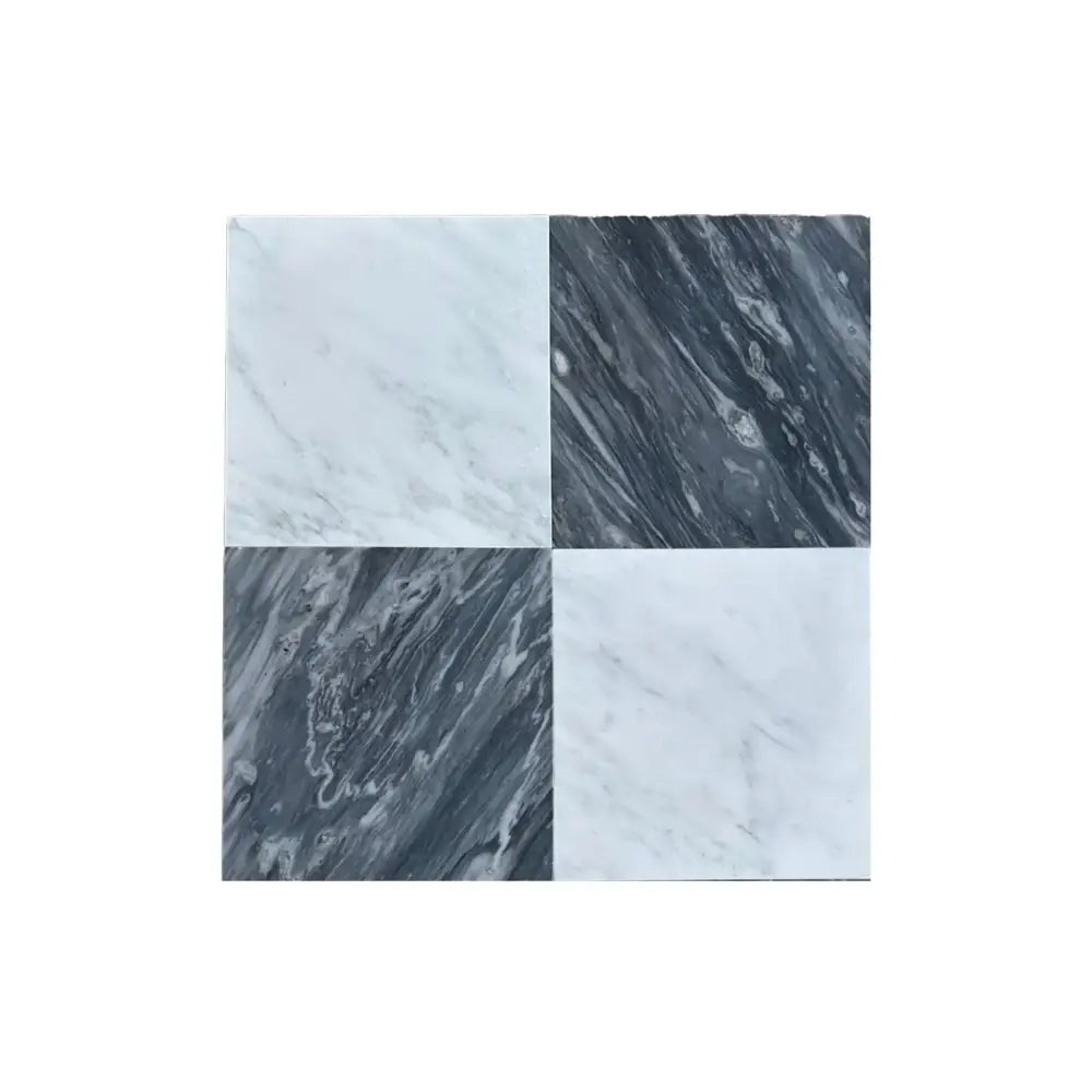 Four-square marble tile pattern featuring Bardiglio Prime Imperiale and Statuario White 12x12 tiles