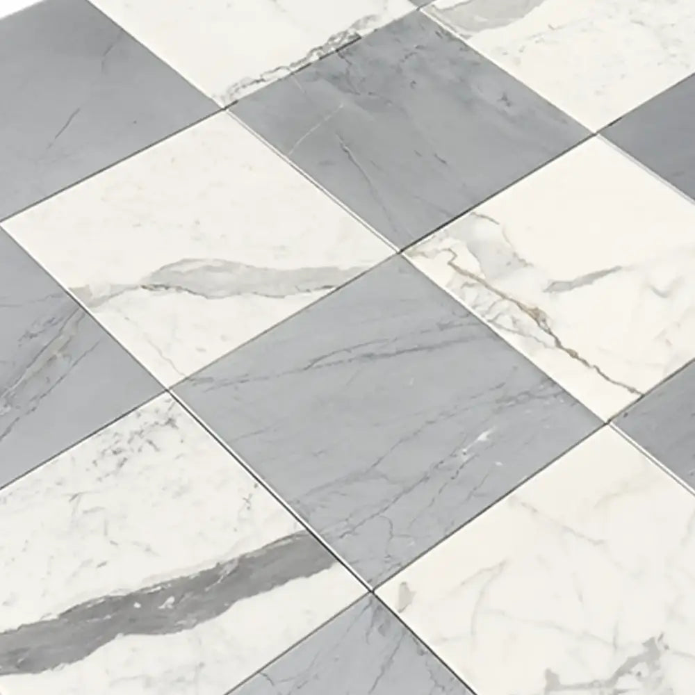 Gray and white marble tile floor from Checkerboard Bardiglio Prime Imperiale and Statuario White set
