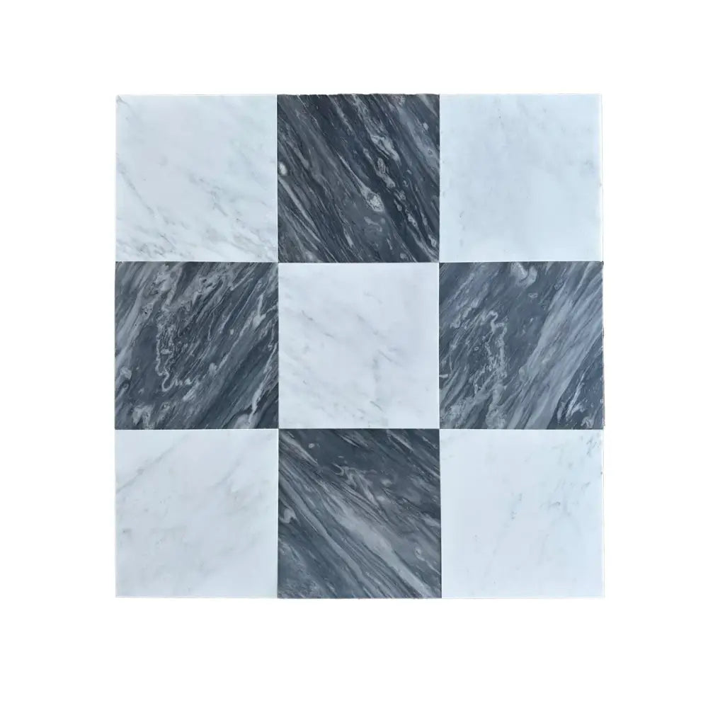 Nine-square marble tile pattern in Checkerboard Bardiglio Prime Imperiale and Thassos Supreme 12x12 set