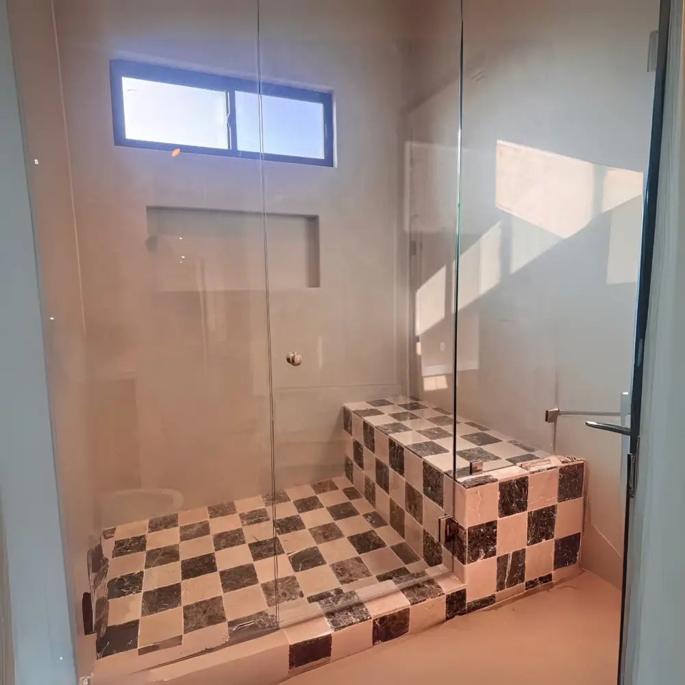 Checkered Bardiglio Prime Imperiale and Thassos Supreme 18x18 tile shower with glass enclosure