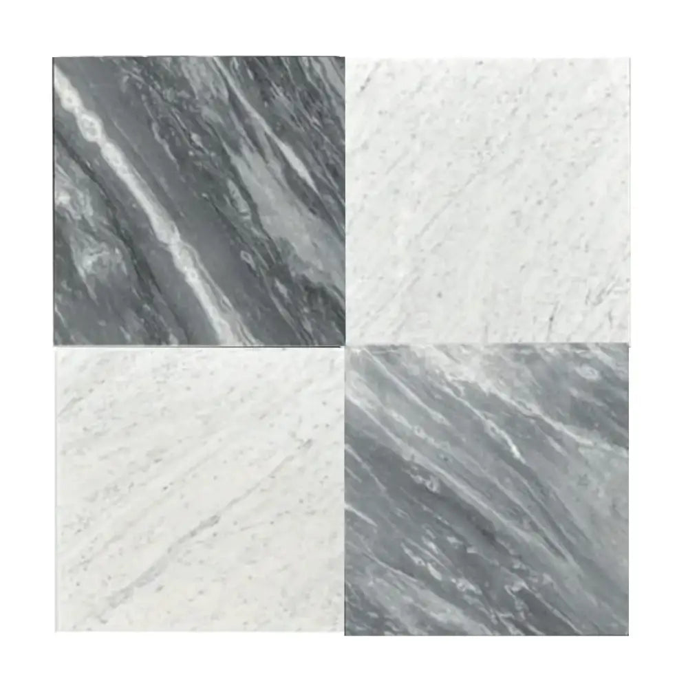 Four square marble tiles from Checkerboard Bardiglio Prime Imperiale and Thassos Supreme 18X18 Set