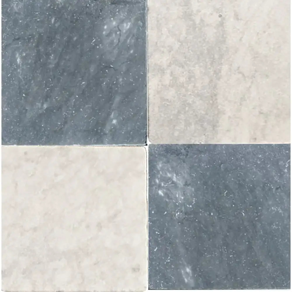 Four square marble tiles featuring Checkerboard Bardiglio Prime and Carrara White Royale