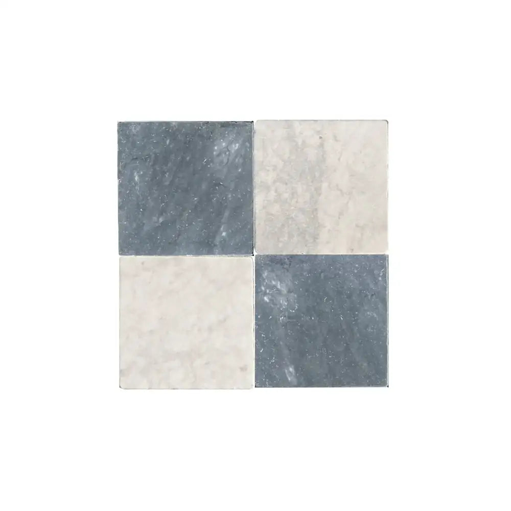 Four square marble tiles in Checkerboard Bardiglio Prime and Carrara White Royale set