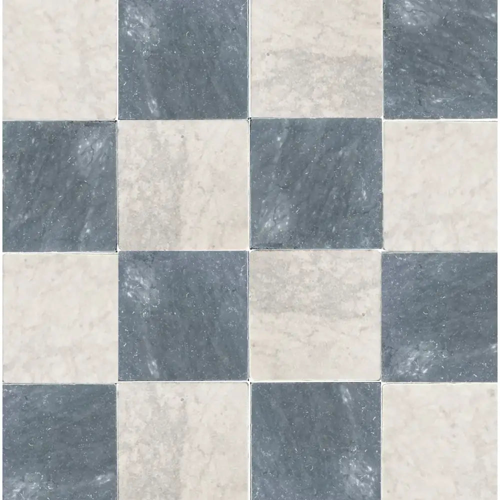 Checkerboard tile pattern featuring Bardiglio Prime Marble and Carrara White Royale Marble in 12x12 tumbled set