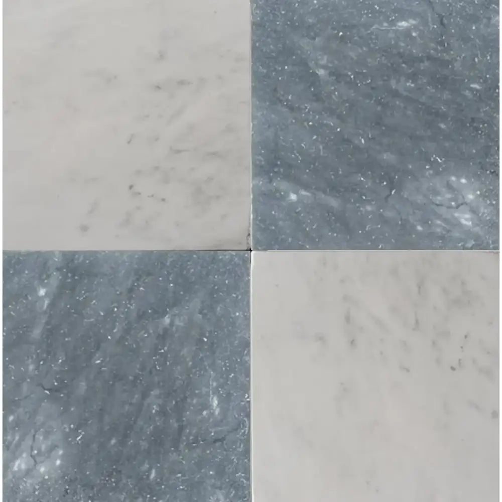 Four square marble tiles from Checkerboard Bardiglio Prime and Aurora White Marble set