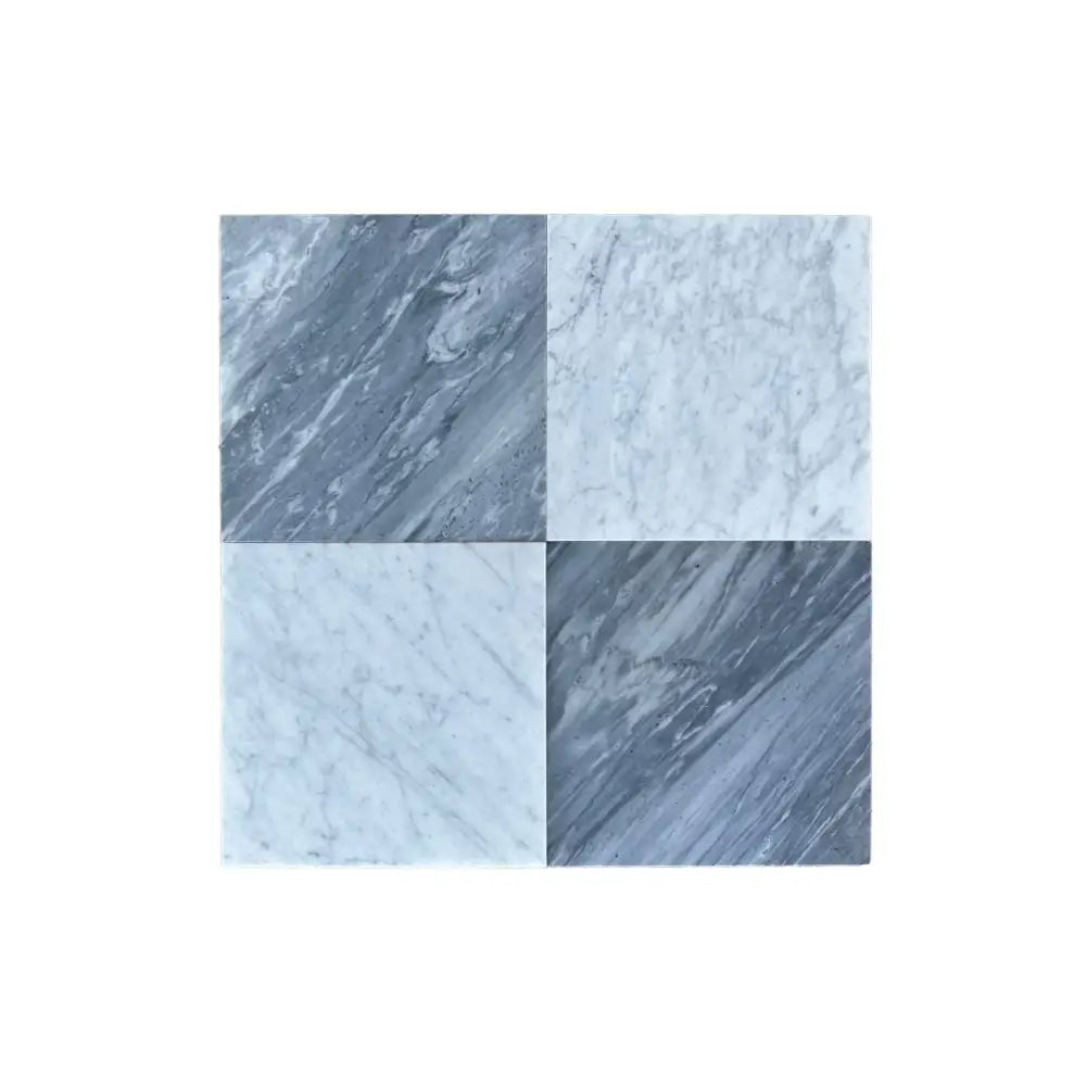 Four-square marble tile pattern featuring Bardiglio Prime Nuvolato and Bianco Carrara White Royal 12x12 tiles