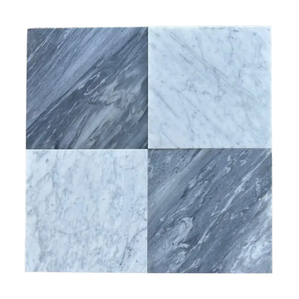 Four square marble tiles from Checkerboard Bardiglio Prime Nuvolato and Bianco Carrara White Royale Marble 12X12 Set