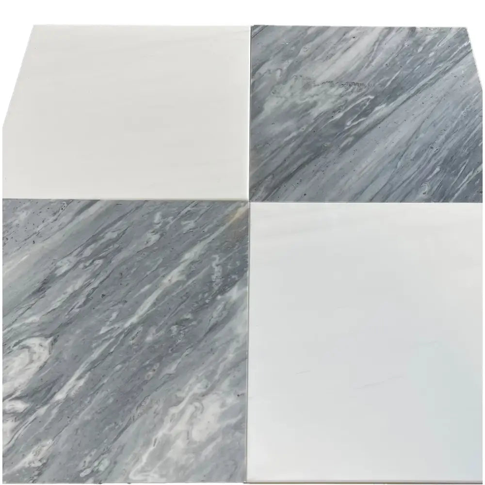Four square tiles with white and marbled gray patterns in Checkerboard Bardiglio Prime Nuvolato and Dolomite Prestige Marble set