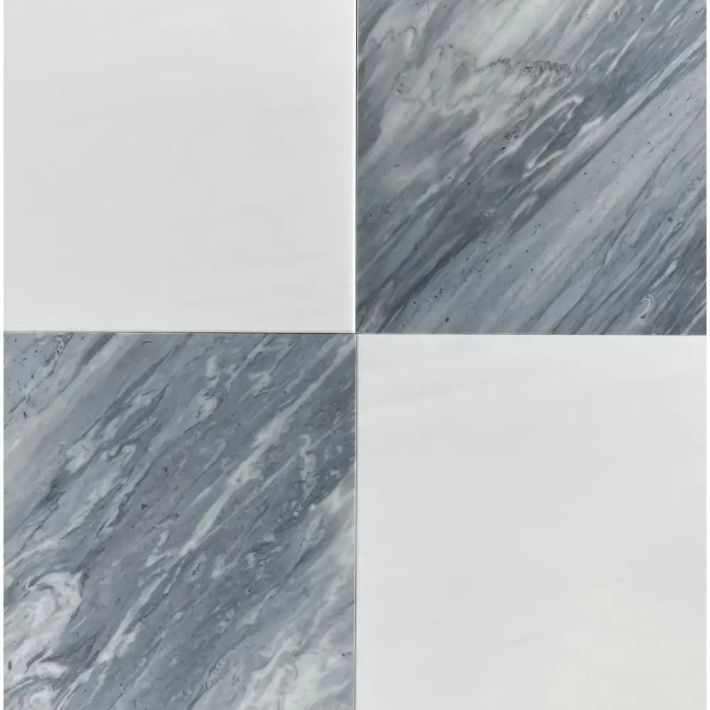 Four-square tile pattern from Checkerboard Bardiglio Prime Nuvolato and Dolomite Prestige Marble 18x18 set