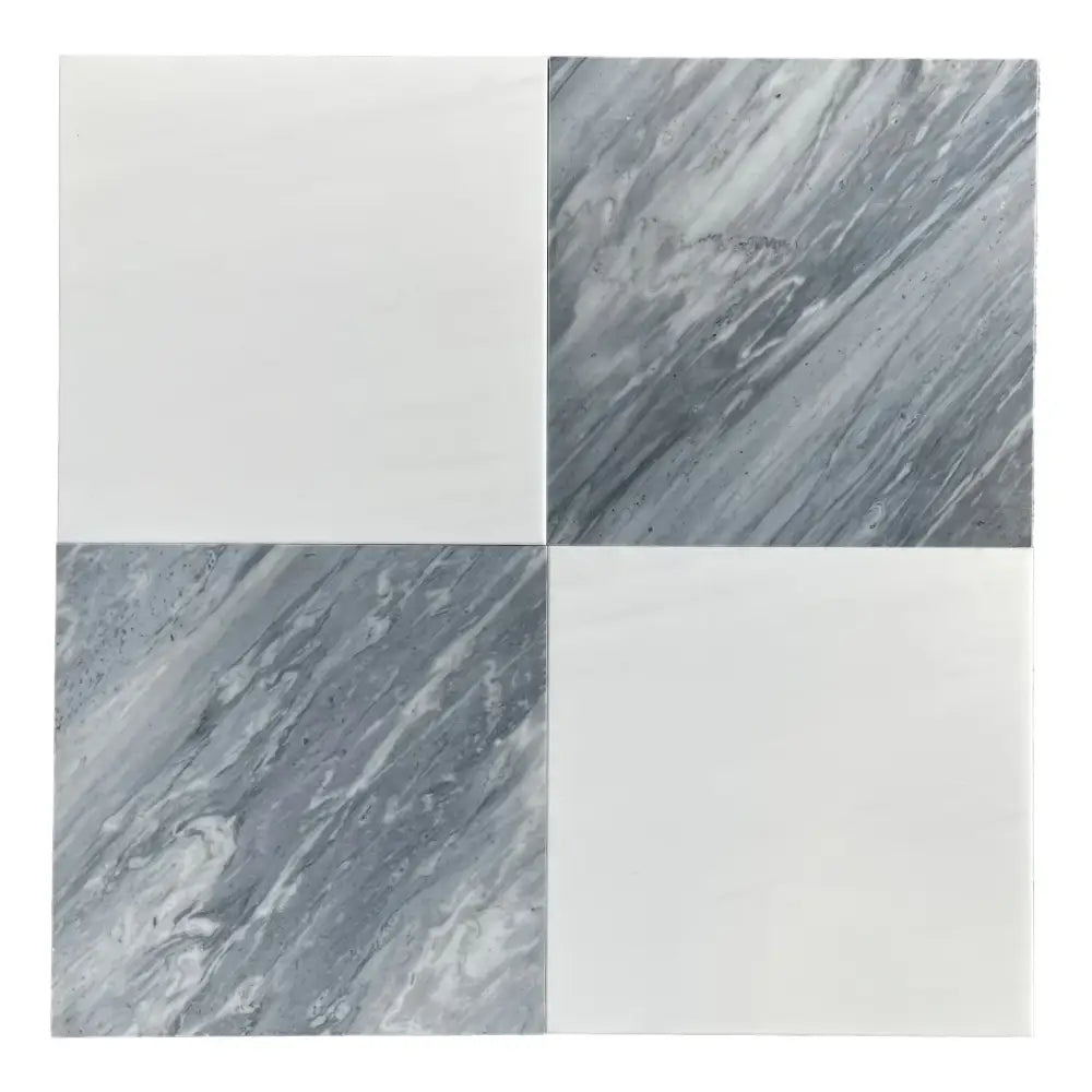 Four-square tile pattern with white and gray marble in Checkerboard Bardiglio Prime Nuvolato set