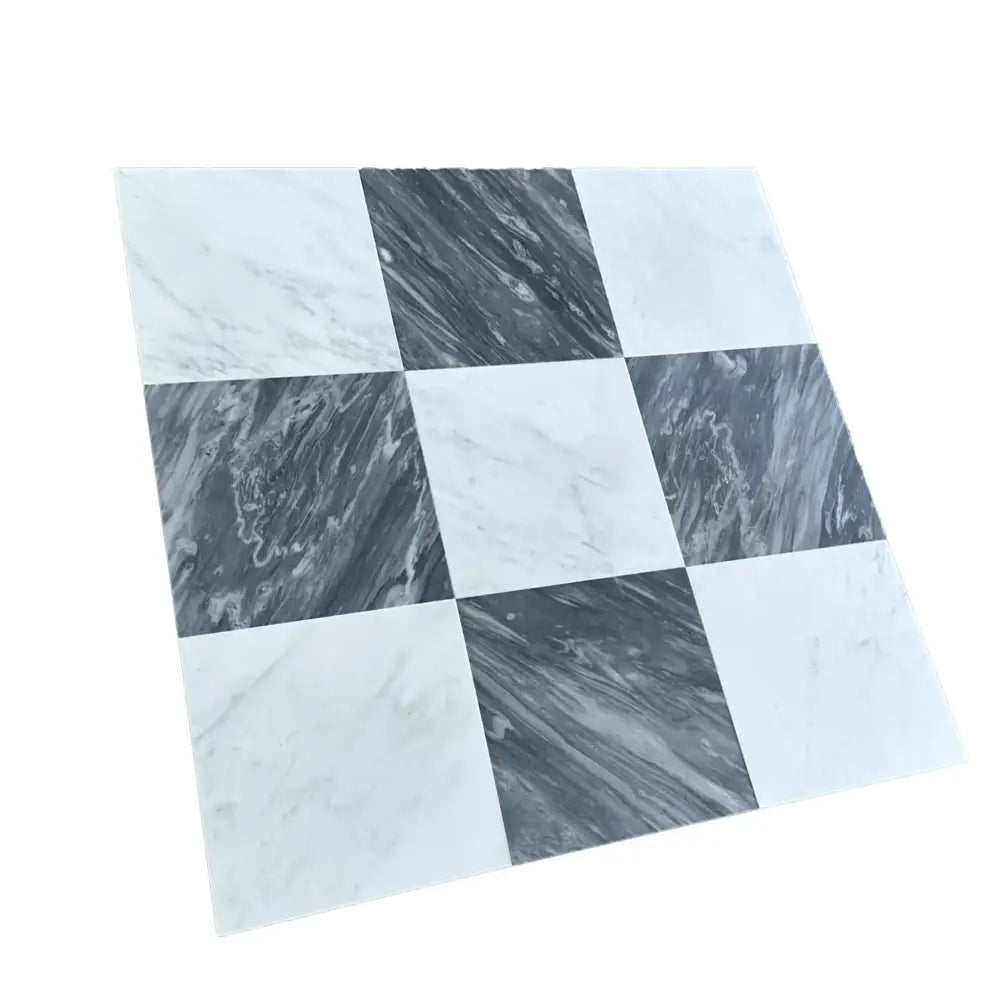 Checkerboard marble tile featuring Bardiglio Prime Nuvolato and Aurora White Oriental White Asian Statuary 12x12 set