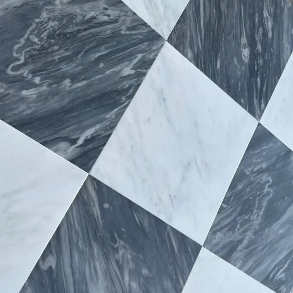 Black and white marble tile pattern featuring Bardiglio Prime Nuvolato and Aurora White Asian Statuary