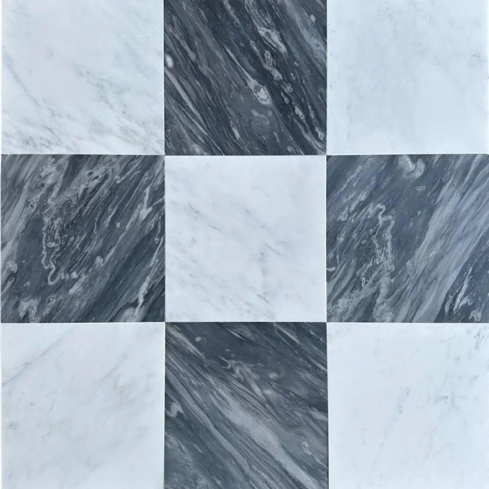 Nine square marble tiles in Checkerboard Bardiglio Prime Nuvolato and Oriental White Aurora White Aurora set