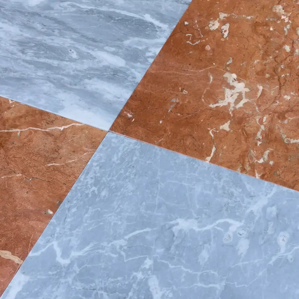 Geometric marble tile pattern from Checkerboard Bardiglio Prime Nuvolato and Rojo Alicante Set