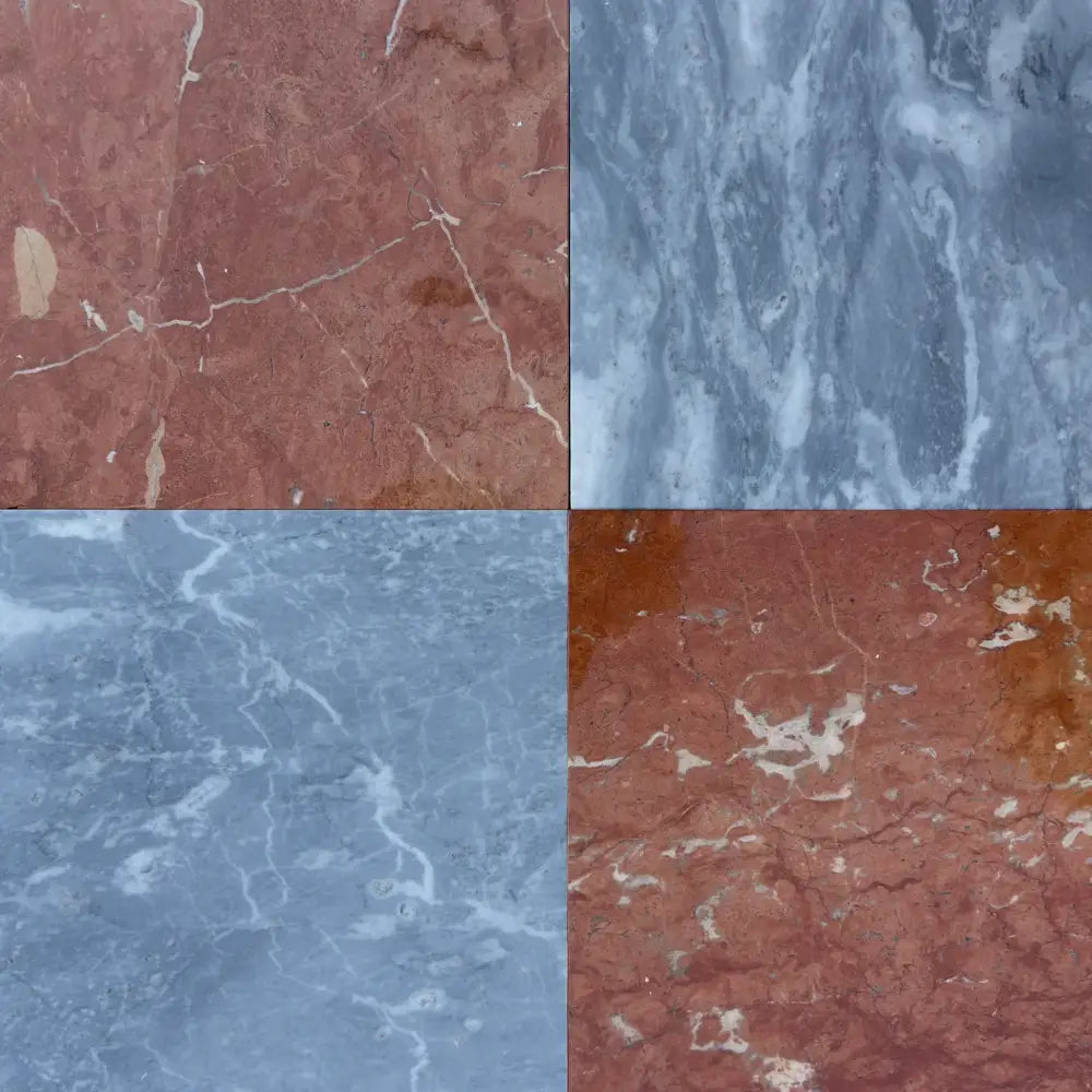 Checkerboard Bardiglio Prime Nuvolato and Rojo Alicante marble tiles set of four 12x12 inches