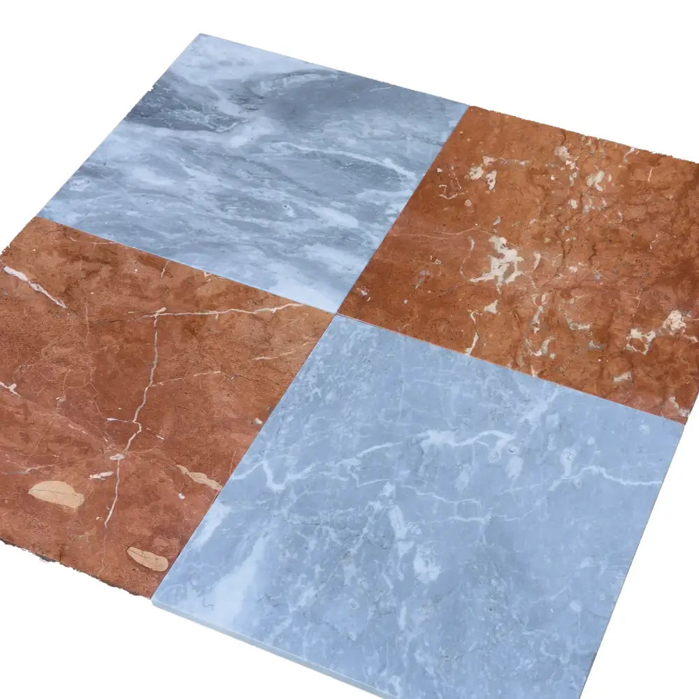 Four marble tiles from Checkerboard Bardiglio Prime Nuvolato and Rojo Alicante Set