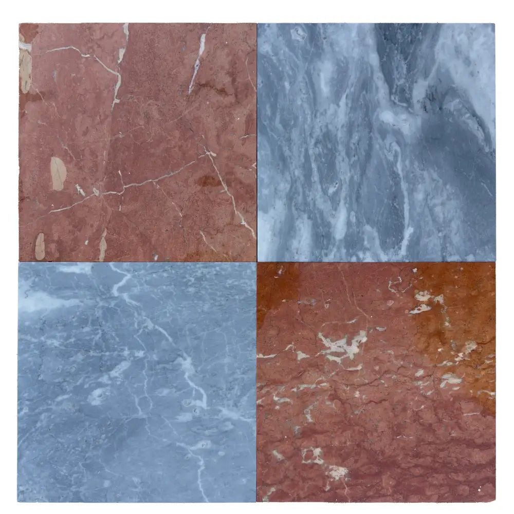 Four marble tiles from Checkerboard Bardiglio Prime Nuvolato and Rojo Alicante Set