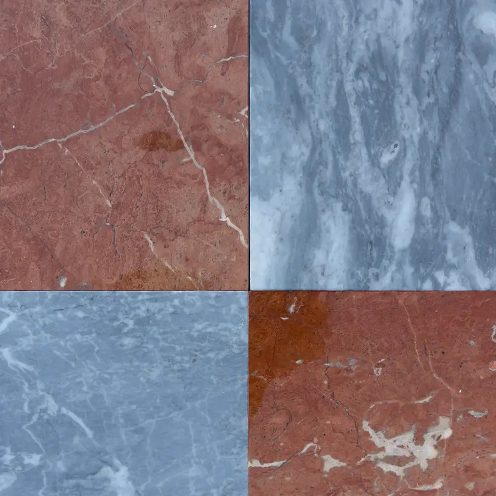 Four marble tiles from Checkerboard Bardiglio Prime Nuvolato and Rojo Alicante set