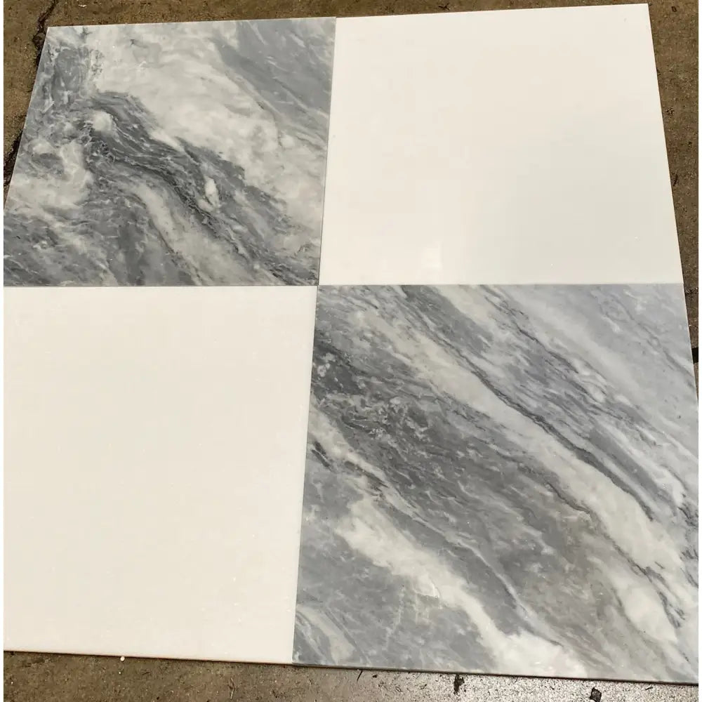 Square tile with marble and white quadrants from Checkerboard Bardiglio Prime Nuvolato and Thassos Supreme 12X12 Set