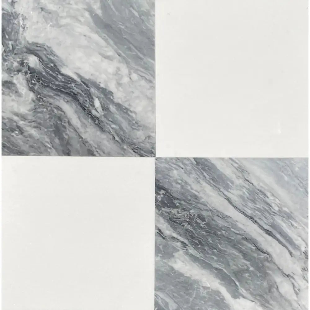 Four-square marble and white tile pattern in Checkerboard Bardiglio Prime Nuvolato and Thassos Supreme 12X12 Set