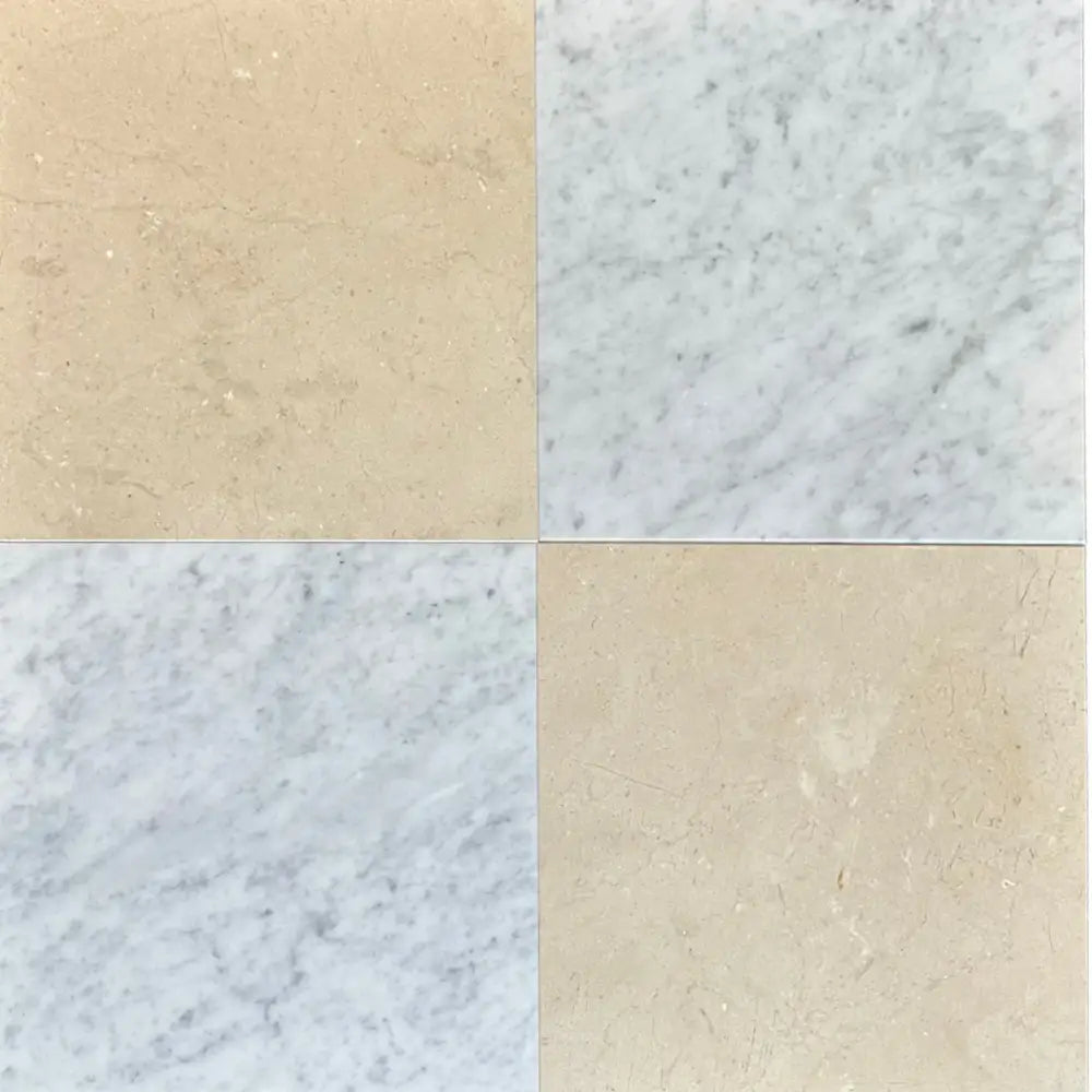 Four square Marble tiles from Checkerboard Bianco Carrara White Royale and Crema Marfil Set