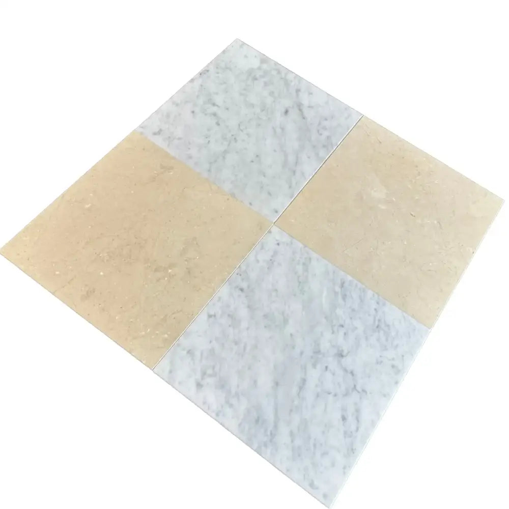 Checkerboard marble tiles featuring Bianco Carrara White Royale and Crema Marfil Select in 12x12 set