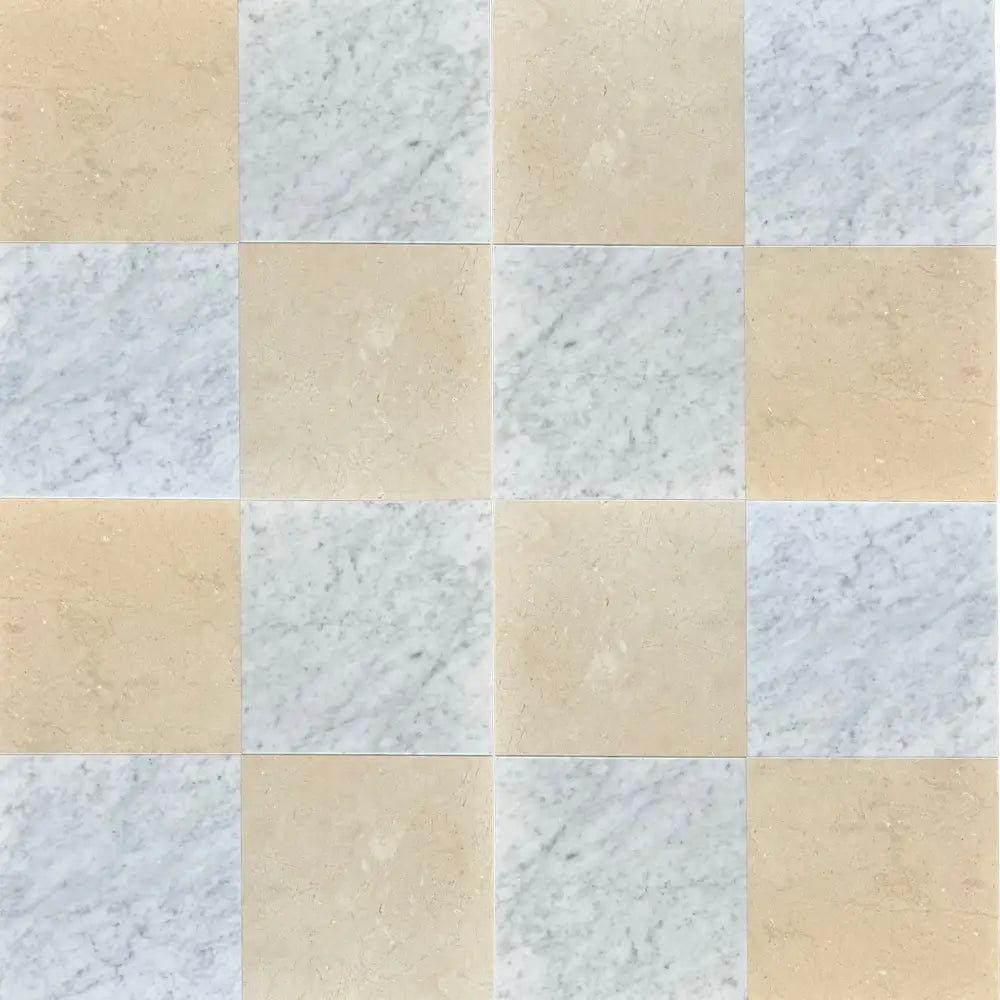 Alternating marble and tan square tiles from Checkerboard Bianco Carrara and Crema Marfil set